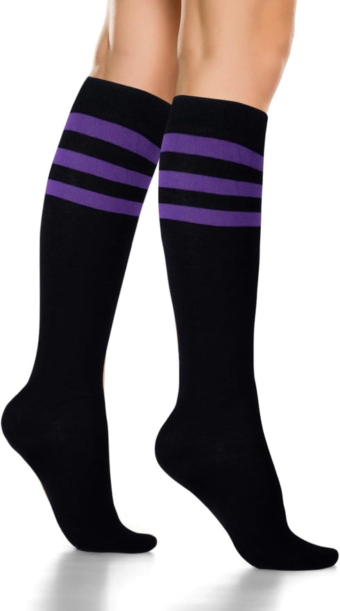 KONY Women's Cotton Knee High Socks - Casual Solid & Striped Colors Fashion Socks 3 Pairs (Women’s Shoe Size 5-9)...