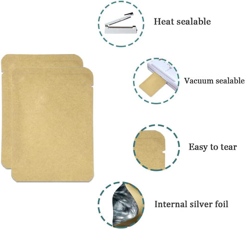 FERENLI 100 Pieces Kraft Paper Open Top Vacuum Sealable Bags Mylar Foil Heat Seal Pouches for Sample Food Storage Packaging with Tear Notches 2.3x...