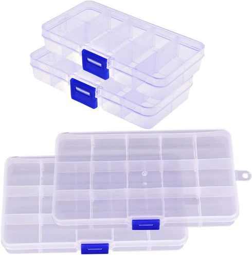 4PCS Plastic Tray, 2x10 2x15 Grids Bead Organizer With Movable Dividers Storage- Adjustable Clear Compartment Plastic Organizer-Travel Organizer B...