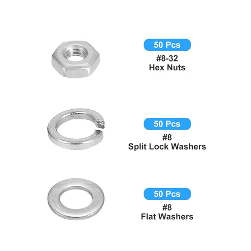 Hex Nuts Assortment Kit (#8-32 Hex Nuts with #8 Flat Washers & Split Lock Washers) 150Pcs, 304 Stainless Steel Hexagon Nut Hardware Kit...