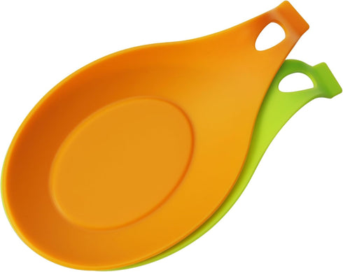 kwmobile Silicone Spoon Rest Set (2 Pieces) - Holders for Stove Top Kitchen Counter Table - Rests for Spoons and Utensils - Green/Orange...