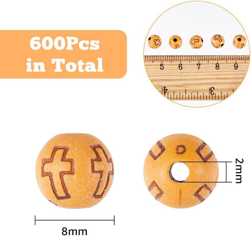 DICOSMETIC 600Pcs Round with Cross Beads Imitation Wood Acrylic Beads 8mm Round Jewelry Beads Small Sandy Brown Religious Spacer Beads for DIY Jew...