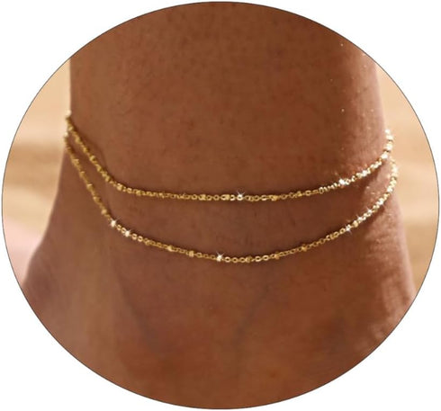 ASCOMY Ankle Bracelets for Women 14K Gold Plated Anklet for Women Silver Layered Shining Tennis Anklet Dainty Beaded Bar Dot Pearl Satellite Link ...