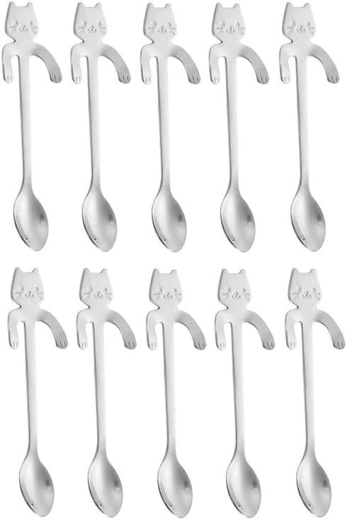 10PCS Stainless Steel Cute Mini Cat Spoon for Tea, Coffee, Dessert, Sugar, Ice Cream, etc (11.5cm/4.5inch) Silver...