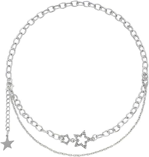 Star Necklace Y2k, Double Star Chain Necklaces for Teen Girls, Silver Punk Jewelry Asymmetric Layered Choker Necklace for Women, Idea Gift for Var...