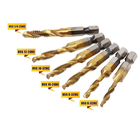 AUTOTOOLHOME 6 Pack Titanium Combination Drill Tap Bit Set Screw Tapping SAE 6-32NC 8-32NC 10-24NC 10-32NC 12-24NC 1/4-20NC...