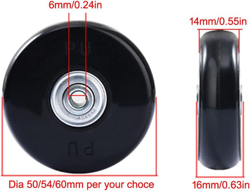 Set of 2pcs 54mm Mute Wear-Resistant Luggage Suitcase Double Type Replacement Wheels Kit Inline Outdoor Skate, Rubber Swivel Caster Wheels 6x50mm ...