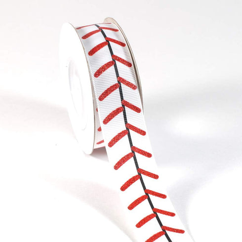 Polyester Grosgrain Ribbon 10 Yards 7/8" 22mm Glitter Red Stitch Softball Baseball Cheer Sport Cheerleader (White)...