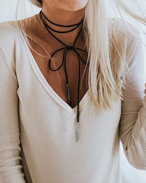 Doubnine Boho Feather Choker Wrap Necklace 2pcs Versatility Vegan Suede Y Lariat Gothic Black Brown Bronze Accessories for Women...
