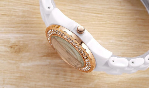 Womens Luxury Wrist Watch Fashion Rhinestone White Ceramic Watch Casual Lady Nice Dress Watches (Rose Gold)...