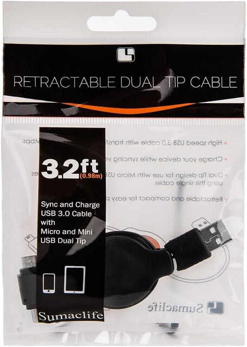 SumacLife 3.2-Feet (0.97M) Retractable USB 3.0 to Dual Tip Micro and Mini USB Charge and Sync Cable...
