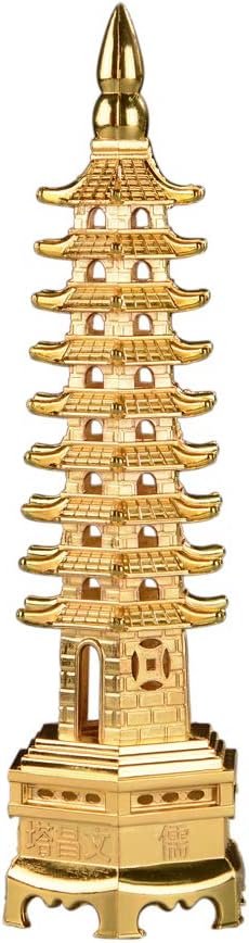 BRABUD 7'' Alloy Fengshui 9 Level Pagoda Wenchang Tower Statue Protection Business Rises Desk Decor Collectible Golden Color ZD112...