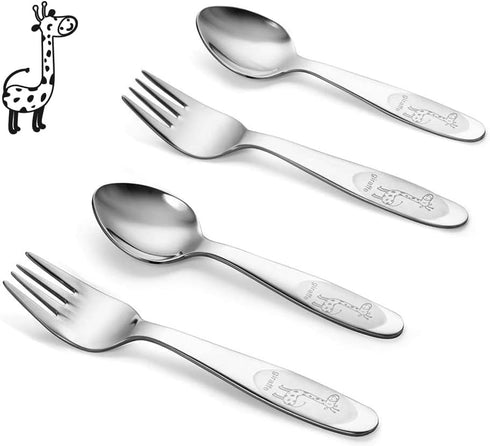4 Piece Stainless Steel Toddler Utensil Set, Safe Kid Silverware Set for Self Feeding,Cartoon Toddler Forks and Spoons, Dishwasher Safe...