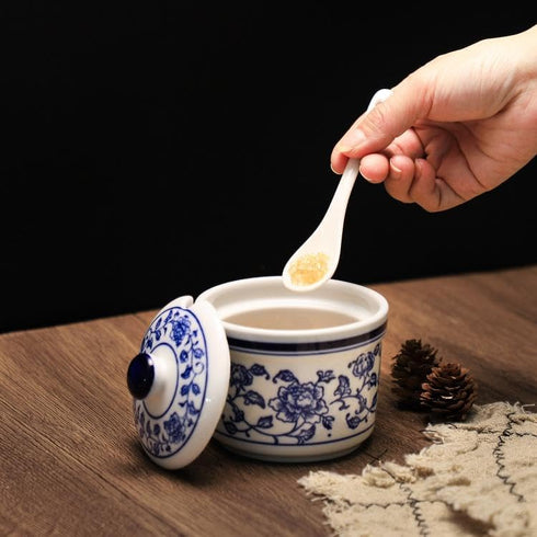 Retro Ceramic Blue and White Sugar Bowl Seasoning Pot Storage Jar with Lid...