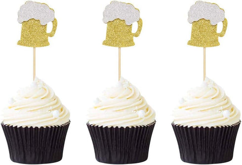 24 PCS Gold Glitter Beer Mug Cupcake Toppers Food Cake Picks Party Decor...