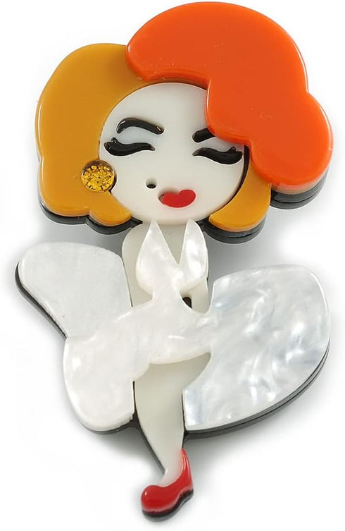 Unique Marilyn Monroe Acrylic Brooch White/Orange/Yellow - 65mm Tall...
