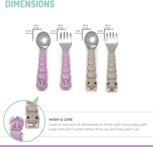 melii Toddler and Kid Feeding Spoon & Fork Set, Stainless Steel, BPA Free, Dishwasher safe (Cat & Bulldog 4pc)...