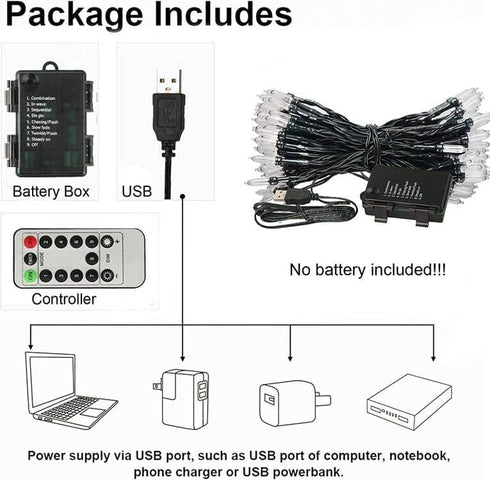 Christmas Lights 33ft 100 LED Outdoor String Lights 8 Modes with Timer Memory Function, USB & Battery-powered IP65 Waterproof Light for Christmas ...