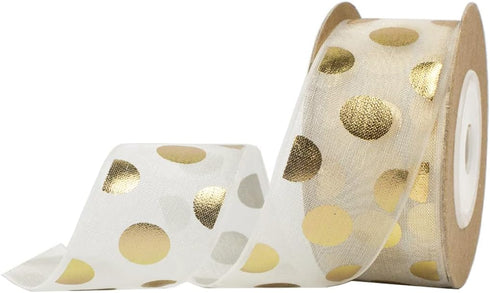 1 Inch Wide Polka Dot Ribbon, Gold Dots Printed Organza Ribbons for Gift Wrapping Hair Bows Craft Sewing Invitation Floral Arrangement (11 Yards)...