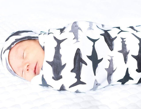 Newborn Infant Baby Sleeping Bag & Hat Cap Shark Print Baby Receiving Blanket Set, 0-12 Months...