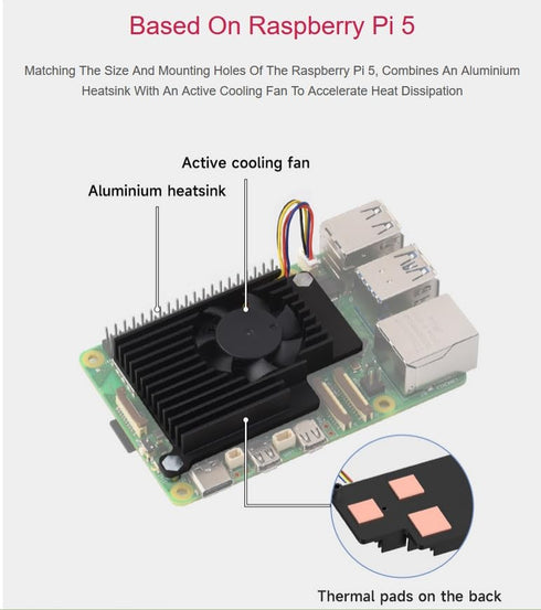 Active Cooler for Raspberry Pi 5, Combines Active Cooling Fan and Alumium Heatsink and Thermal Pad to Accelerate Heat Dissipation for Raspberry Pi...