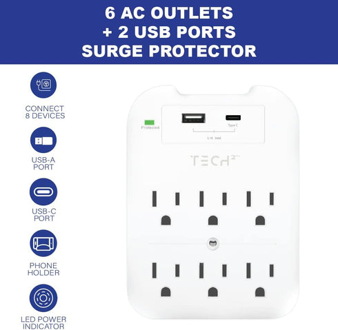 Multi Plug Surge Protector, 6 Outlet with 2 USB A and C Charging Ports 2.4 A ETL Certified Tech2 Multi Outlet for Home, School, Office......