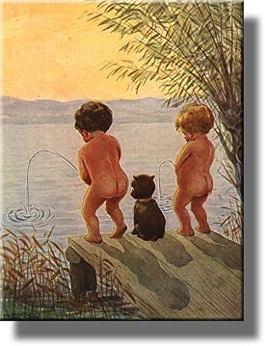 Boys By the Lake Distance Record Toilet Bathroom Picture Made on Stretched Canvas, Wall Art Decor Ready to Hang. (14" x 18")...