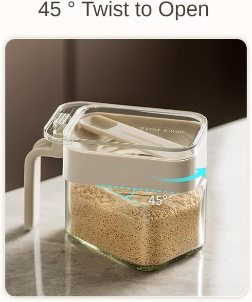 Condiment Jar Spice Container, Sugar and salt container set?Glass Seasoning Box with Spoon Dustproof Lid and Handle,for Kitchen, Counter,Food Stor...