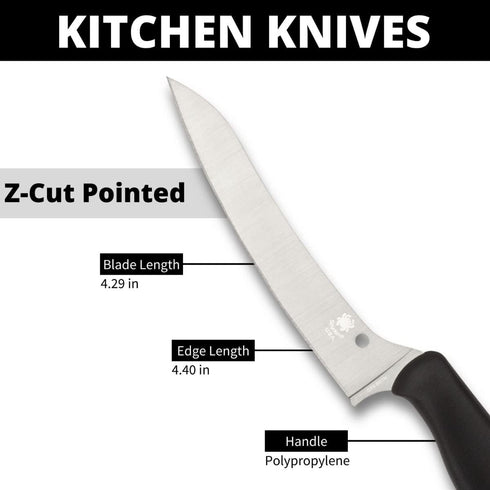 Spyderco Z-Cut Kitchen Knife with 4.4" Pointed Tip CTS BD1N Stainless Steel Blade and Durable Black Polypropylene Handle - PlainEdge - K14PBK...