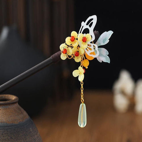 Retro Chinese Wooden Hairpins Japanese Hair Stick Vintage Flower Hair Chopsticks Handmade Wood Blue Flower Tassel Hair Sticks Hair Accessories wit...