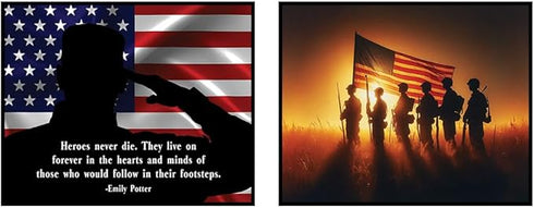 Posterizer 2 pcs-Patriotic Sayings-US Flag and Soldiers-Patriotic & Military Art-Quotes- Decor for Home & Office- unframed wall art...