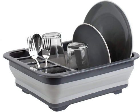Home Basics Silicone and Plastic Easy Storage Collapsible Dish Rack with Cutlery Holder (Grey)...