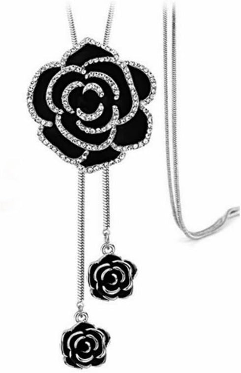 Cathercing Rhinestone Black Rose Pendant Long Necklace for Women Sweater Chain Statement Necklace Choker Adjustable Elegant Jewelry Crystal Access...