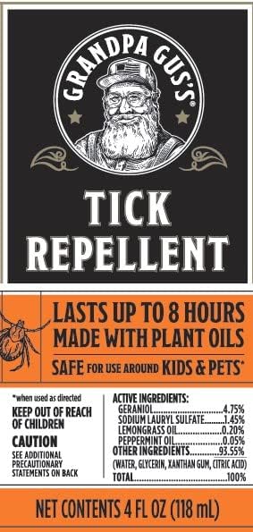 Grandpa Gus's Natural Tick Repellent Spray, Up to 8 Hours Time-Release Plant-Based Actives, Non-Greasy, No Stains, No DEET, 4 oz (Pack of 2)...