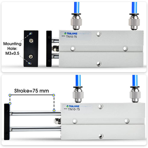 TAILONZ PNEUMATIC 10mm Bore 75mm Stroke Double-Rod Double-Acting Aluminum Pneumatic Air Cylinder TN10-75...