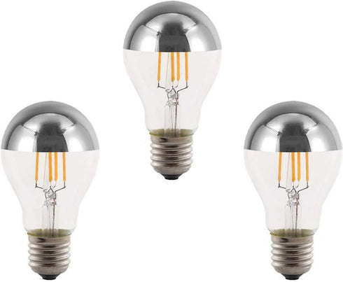 A60 Half Chrome Light Bulbs 3Pack 4 Watts(40W Equivalent) E27 Base LED Filament Vintage Edison Bulb with Mirror Half Chrome Silver Bulbs for Bathr...