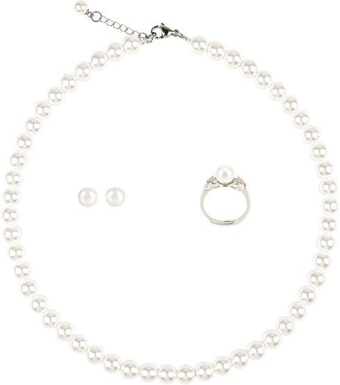 White Faux Hand Glass Imitation Pearls Necklace Earring Ring Jewelry 3 Set for Women...