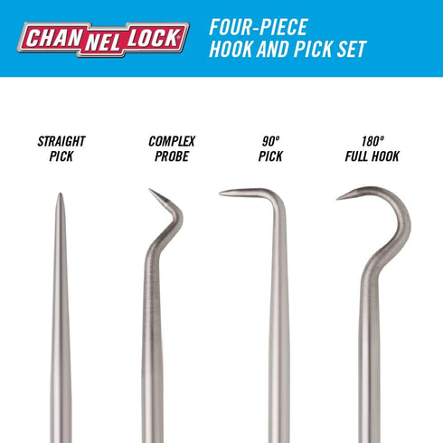 CHANNELLOCK HP-4ECP 4pc Hook & Pick Set, Made in USA, Includes 180-degree Full Hook, Straight Pick, 90-degree Pick and Complex Probe, Remove Small...