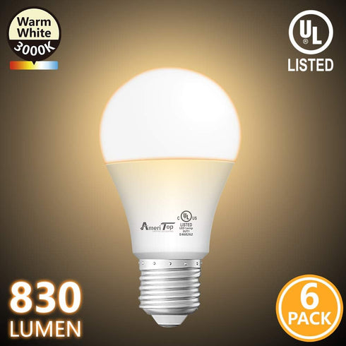 AmeriTop A19 LED Light Bulbs- 6 Pack, Efficient 9W(60W Equivalent) 830 Lumens General Lighting Bulbs, UL Listed, Non-Dimmable, E26 Standard Base (...