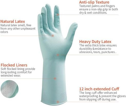 Latex Dish-Washing Cleaning-Gloves Rubber for Housework, Kitchen, Bathroom, Non-Slip, Reusable 14mil DishWashing Gloves with Flocked Liner...