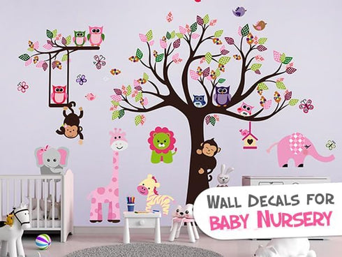 DEKOSH Pink Jungle Baby Nursery Wall Decal Peel & Stick Colorful Owl Giraffe Lion Animal Wall Stickers for Kids Room...