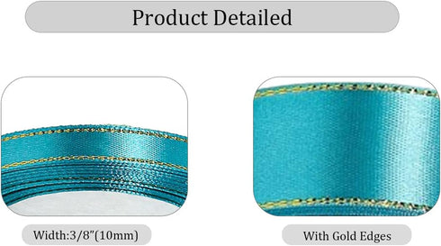 Turquoise Blue Satin Ribbons 3/8 Inch x 25 Yards, Fabric Ribbon with Gold Edges Border for Gift Wrapping, DIY Crafts, Floral Bouquet, Hair Bows, S...