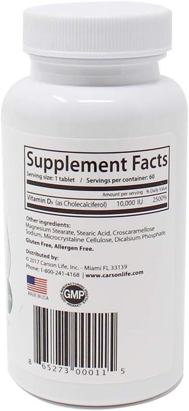 CARSON LIFE Vitamin D 10,000 IU Tablets - Excellent Supplement for Vitamin D Deficiency - Helps Strengthen Bones, Teeth and Immune System - 60 Tab...