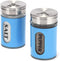 Salt and Pepper Shakers Stainless Steel and Glass Set with Adjustable Pour Holes (Blue)...