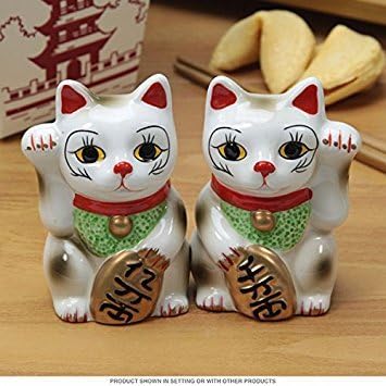 Japanese Maneki Neko - Magnetized Ceramic Salt & Pepper Shakers...