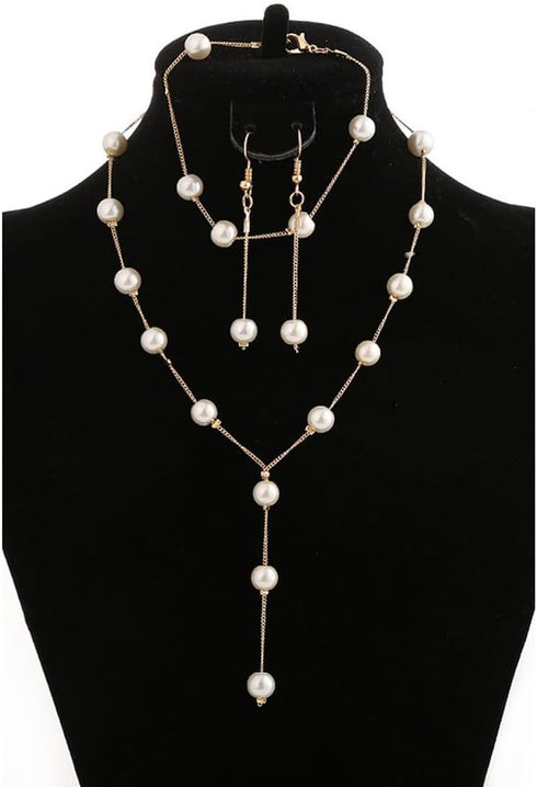 Pearl Jewelry Set for Women Brides Wedding Faux Pearl Necklace Bracelet Earrings Set Simulated Pearl Set Adjustable Y-shaped Pearl Necklaces Daint...