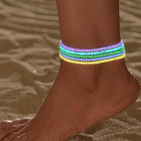 Luminous Boho Seed Bead Anklet Multilayer Rice Bead Anklet Grow in the Dark Beaded Ankle Bracelet Set for Women Men Holiday Jewelry...