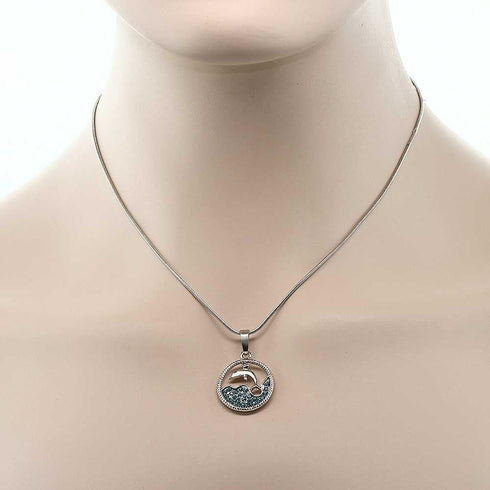 Gem Stone King Stunning Dolphin and Sea in a Circle with Blue Crystals Pendant 16 Inch Chain...