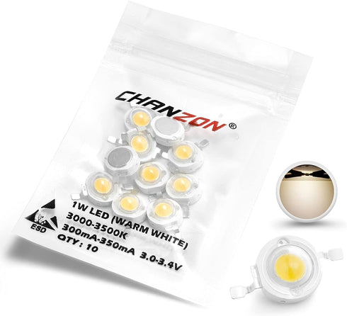 CHANZON 10 pcs High Power Led Chip 1W Warm White 3000K - 3500K (Input 300mA - 350mA / DC 3V - 3.4V / 1 Watt) Super Bright Intensity SMD COB Light ...
