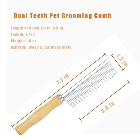 Dog Cat Comb Grooming Comb with Wooden Handle Stainless Steel Teeth, Dog Cat Grooming Supplies Accessories Perfect for Honghair Hairy Pets (Dual T...